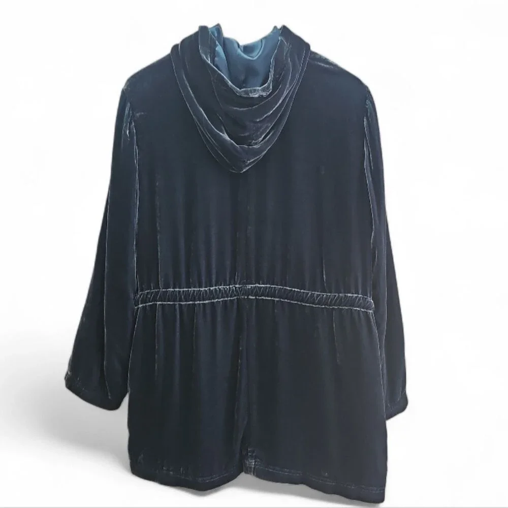 J. Jill Silk Blend Velvet Hooded Jacket Sz L Teal Statement Layer Jewel Tone - Picture 2 of 16